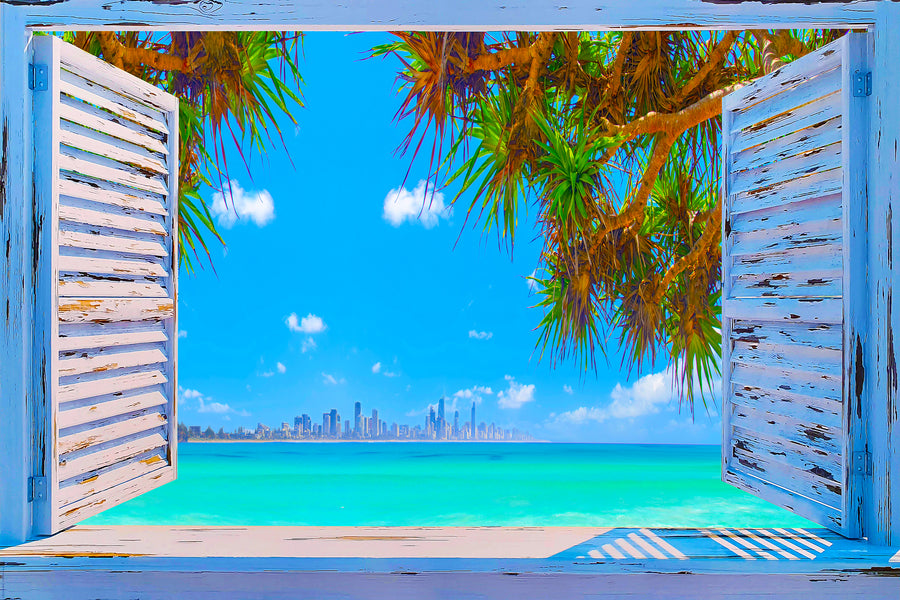 Canvas or Paper Print of Shutters to Beach with Surfers Paradise and Palm Tree (Saturated)