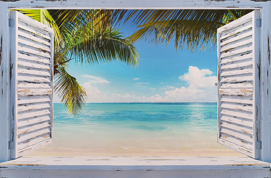 Canvas or Paper Print of Shutters to Beach with Palm Leaves