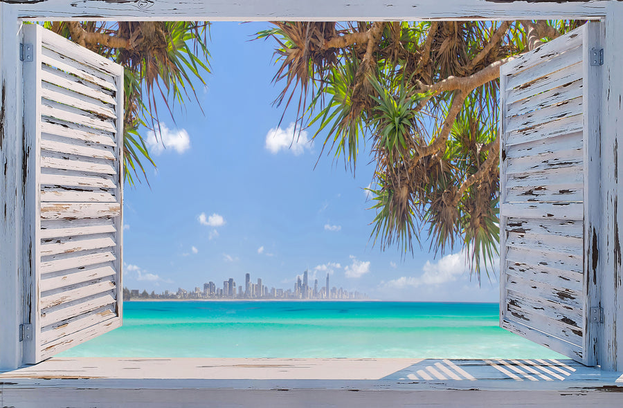 Canvas or Paper Print of Shutters to Beach with Surfers Paradise and Palm Tree