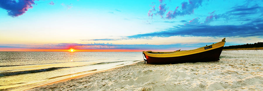 Canvas or Paper Print of Boat on Beach with Sunrise